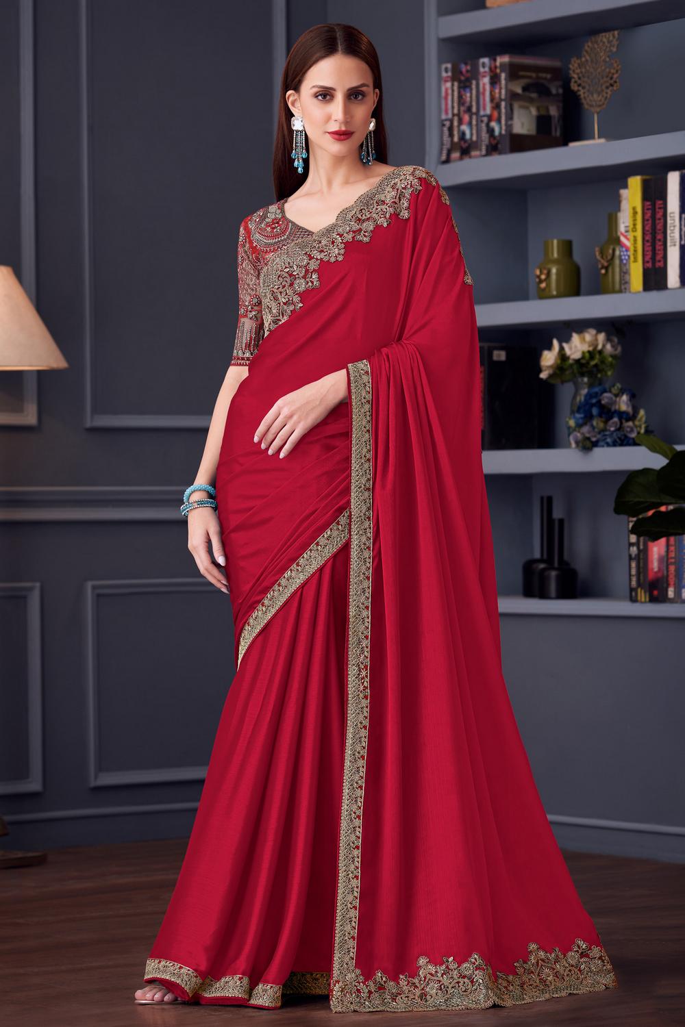 Jossette Red Chiffon Embellished Designer Border Work Ready to Wear Saree