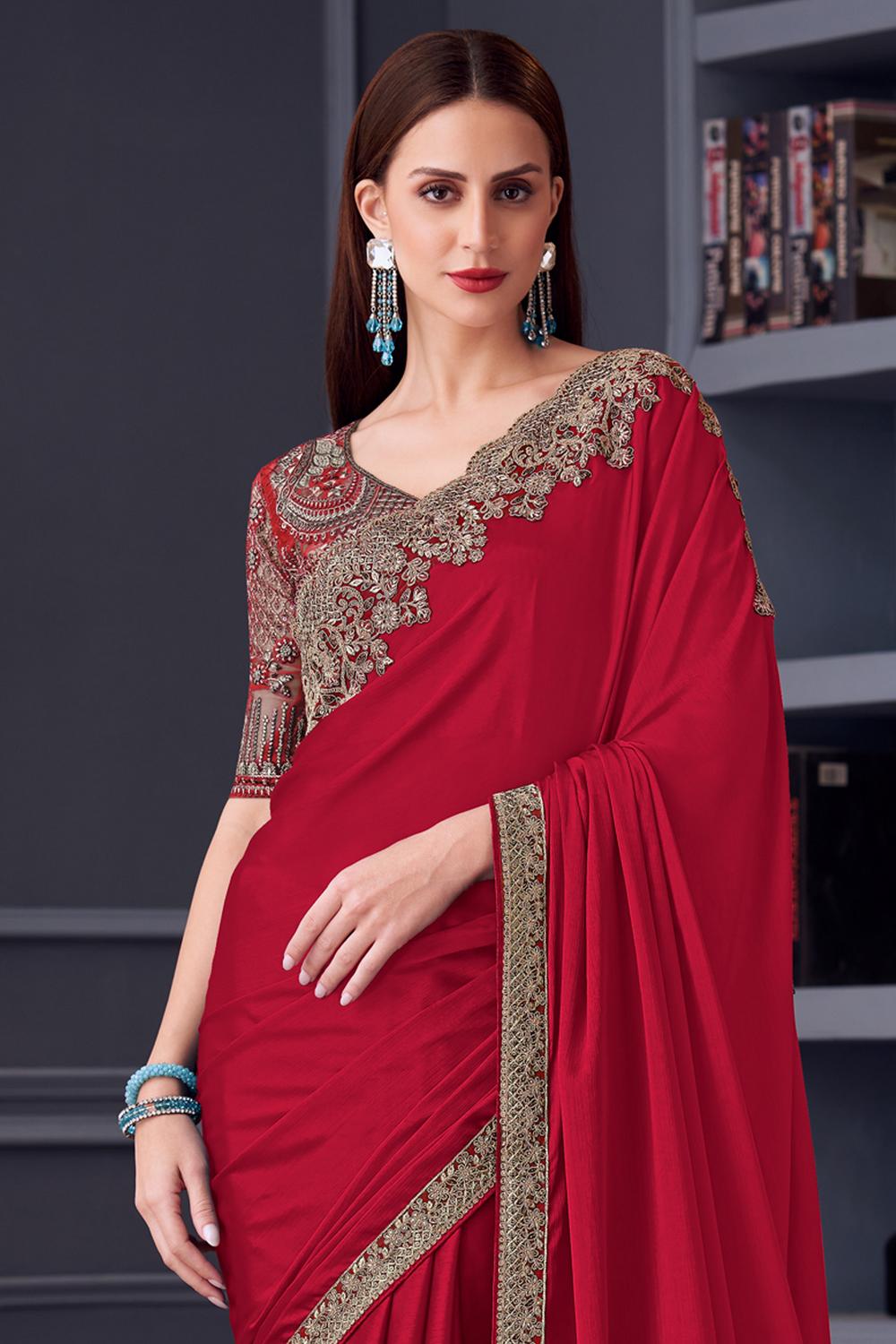 Jossette Red Chiffon Embellished Designer Border Work Ready to Wear Saree