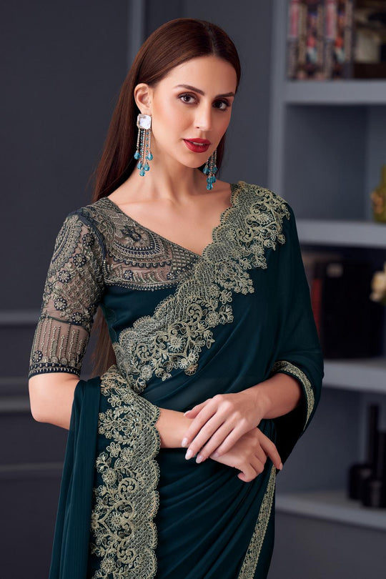 Jossette Teal Blue Chiffon Embellished Designer Border Ready to Wear Saree