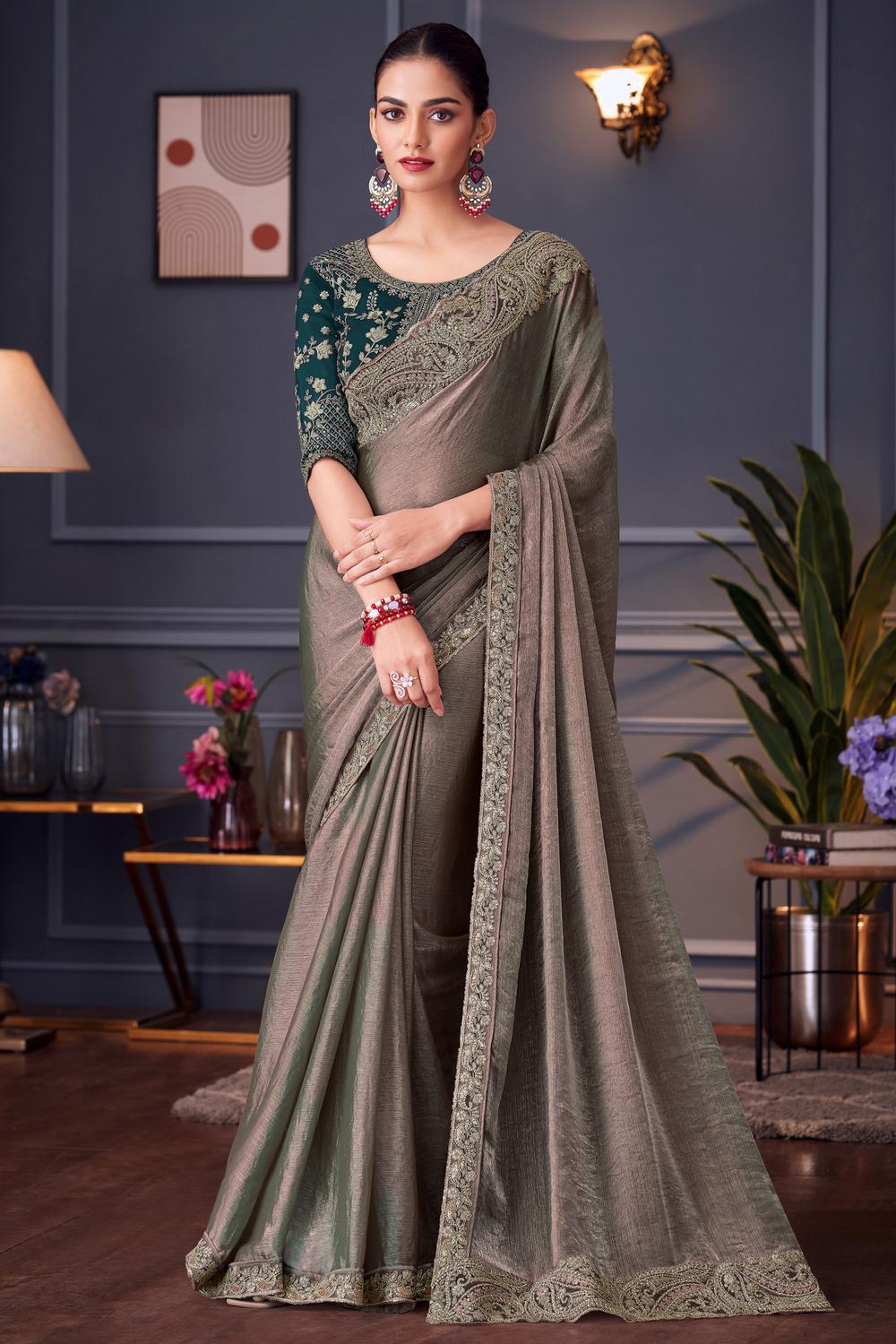 Daria Metallic Green Chiffon Embellished Ready to Wear Saree