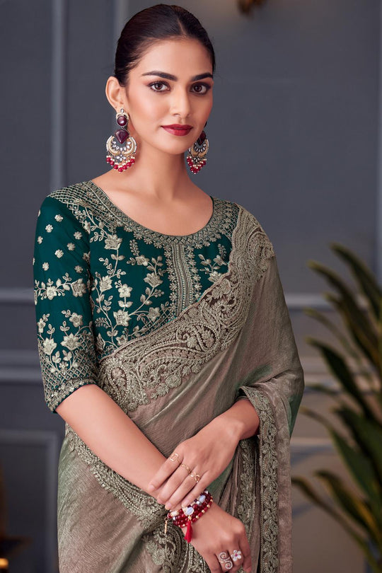 Daria Metallic Green Chiffon Embellished Ready to Wear Saree