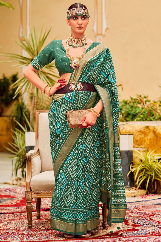 Sitara Sea Green Tussar Silk Patola Print Ready To Wear One Minute Saree