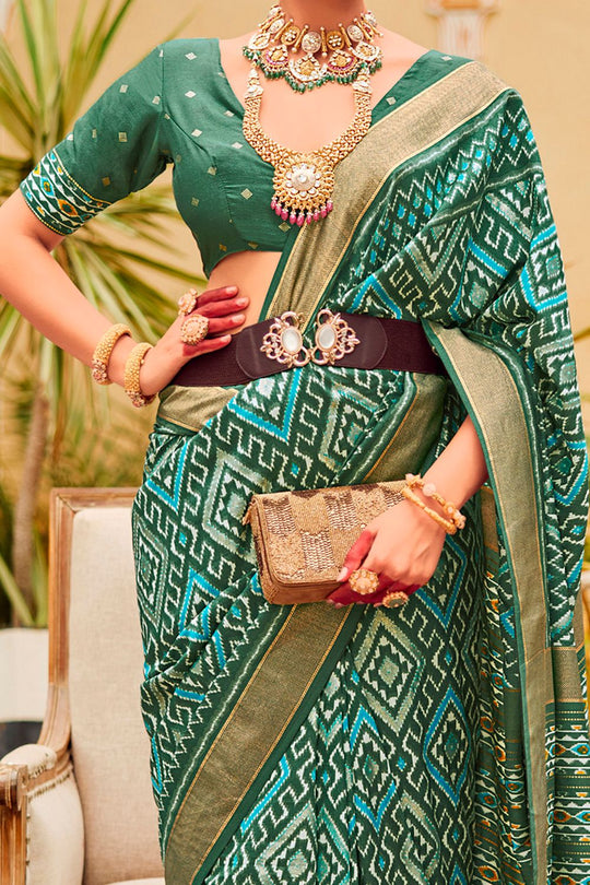 Sitara Sea Green Tussar Silk Patola Print Ready To Wear One Minute Saree