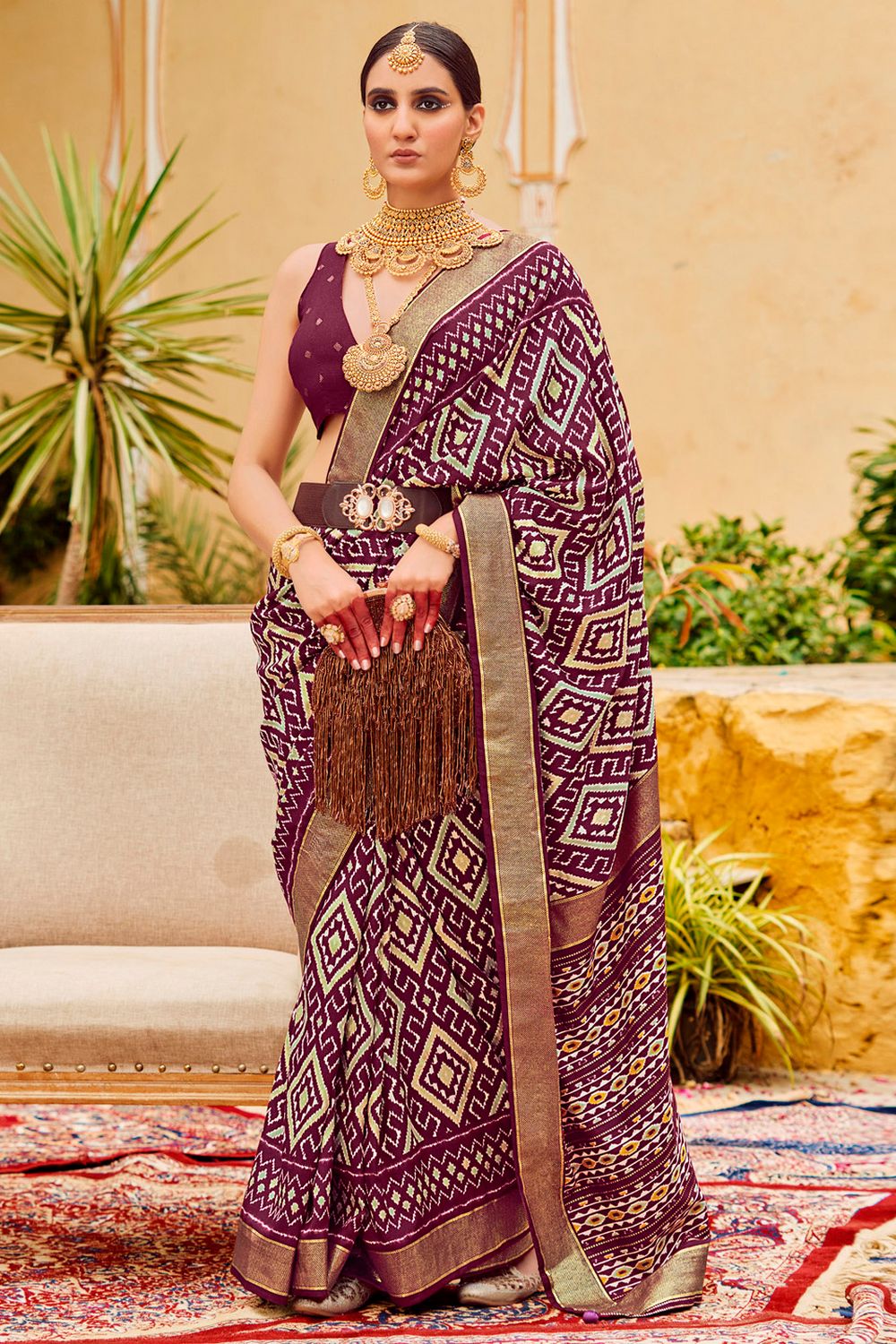 Sitara Purple Tussar Silk Patola Print Ready To Wear One Minute Saree