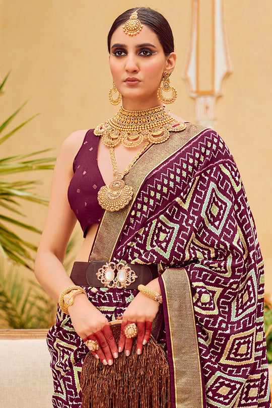 Sitara Purple Tussar Silk Patola Print Ready To Wear One Minute Saree