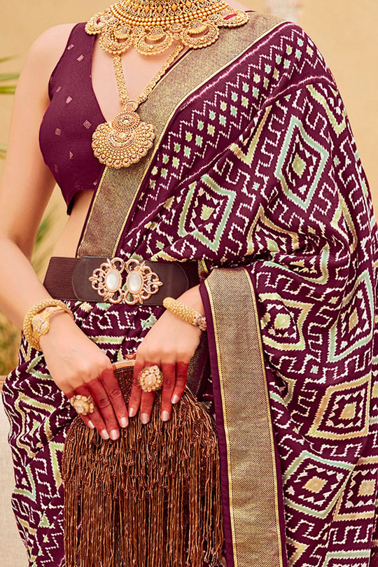 Sitara Purple Tussar Silk Patola Print Ready To Wear One Minute Saree