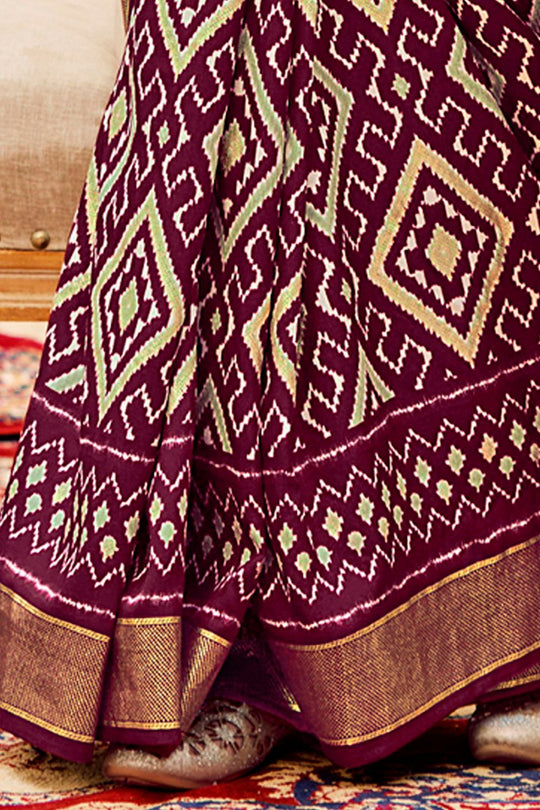 Sitara Purple Tussar Silk Patola Print Ready To Wear One Minute Saree