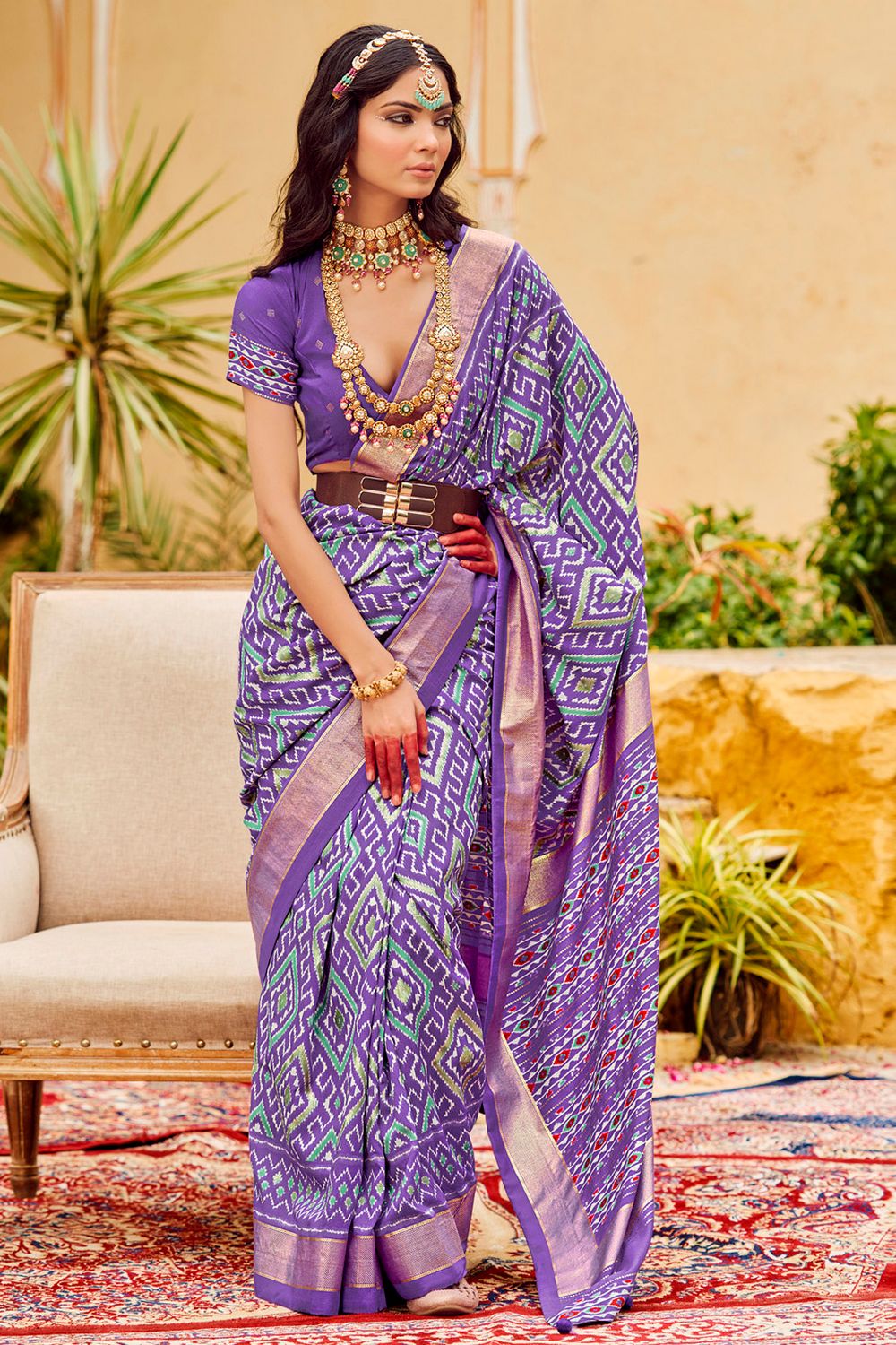 Sitara Lavender Tussar Silk Patola Print Ready To Wear One Minute Saree