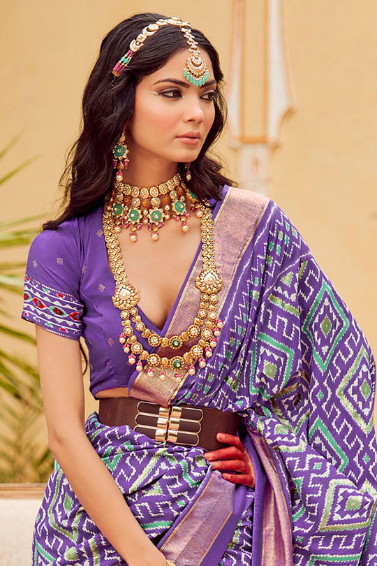 Sitara Lavender Tussar Silk Patola Print Ready To Wear One Minute Saree