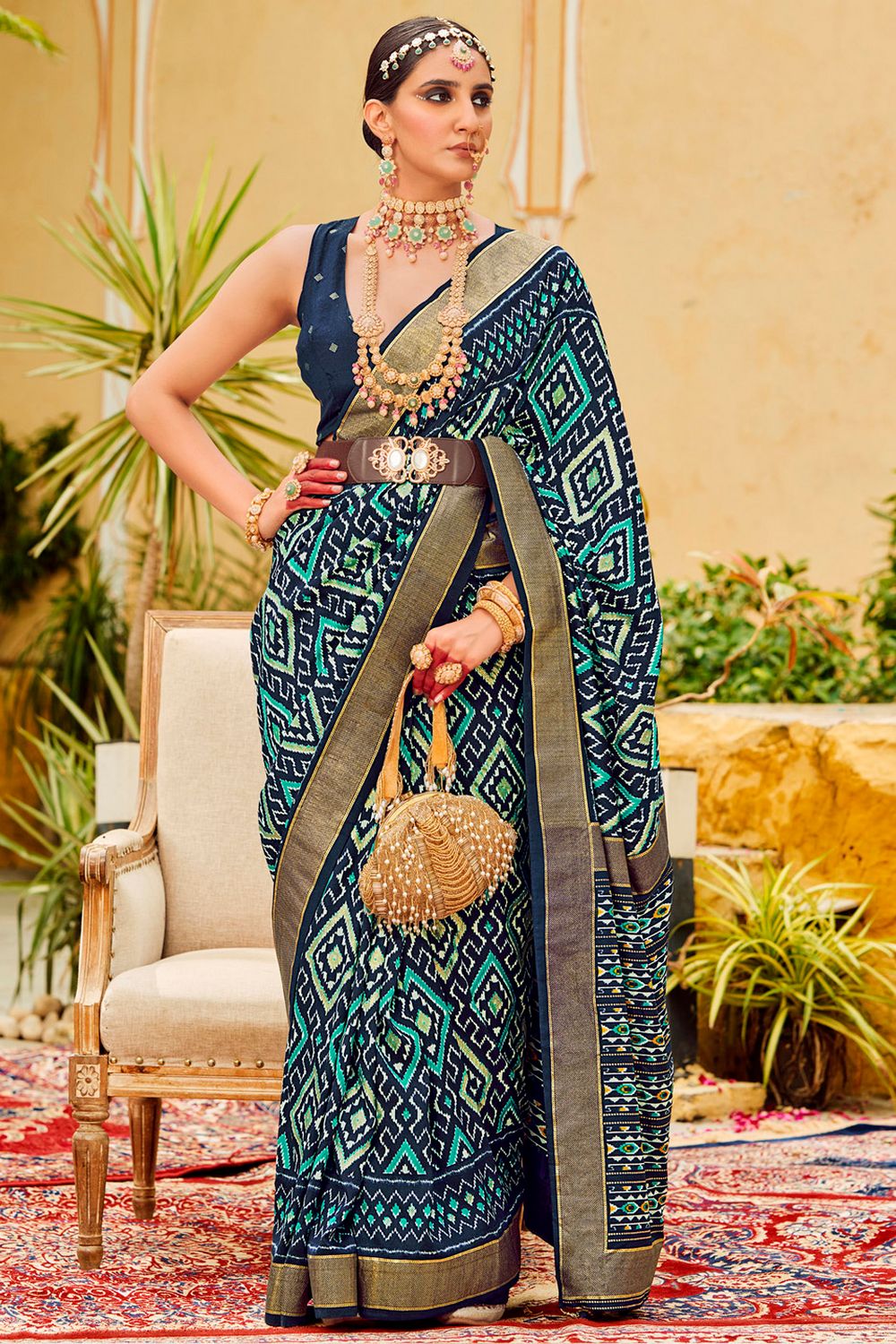 Sitara Navy Blue Tussar Silk Patola Print Ready To Wear One Minute Saree