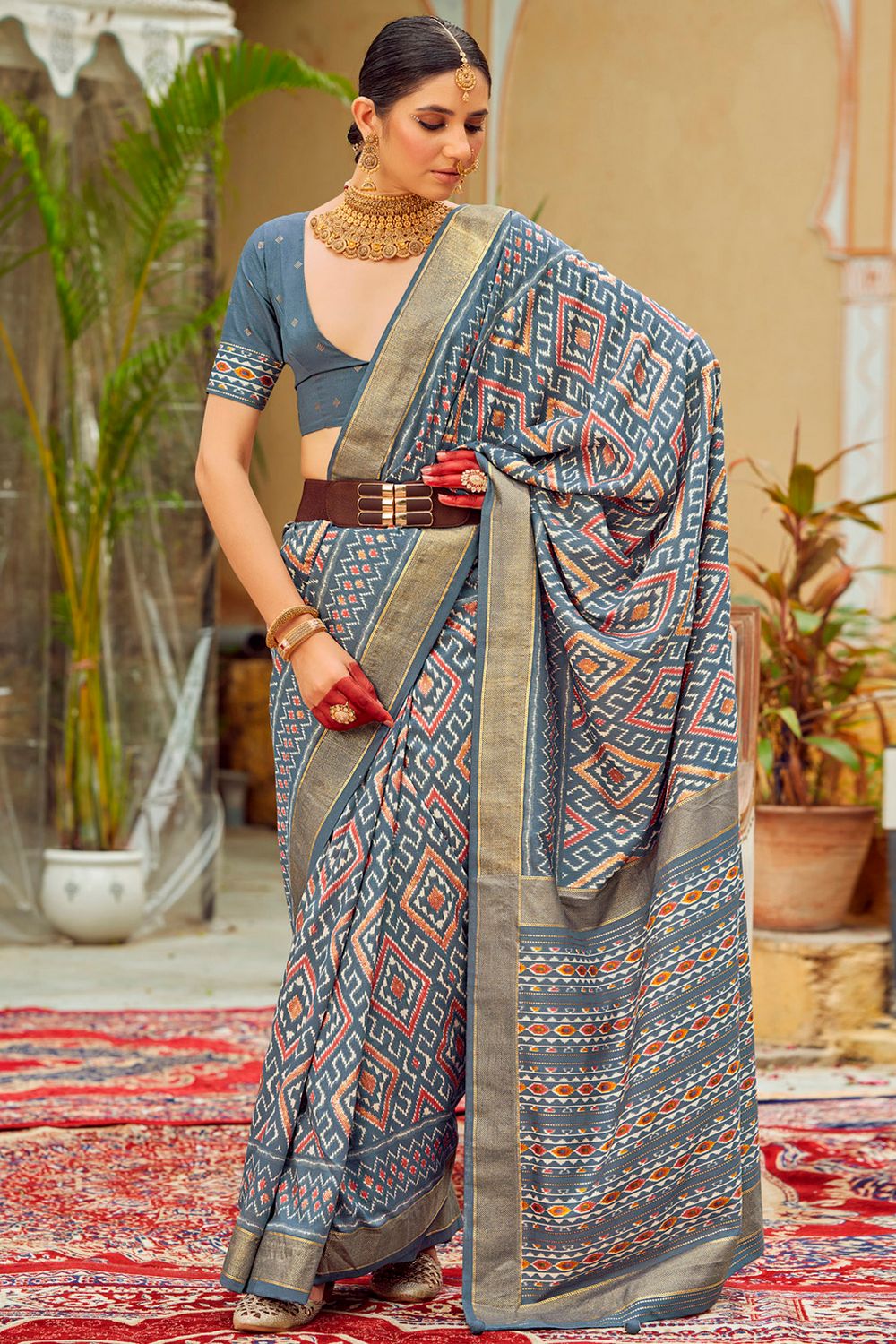 Sitara Grey Tussar Silk Patola Print Ready To Wear One Minute Saree