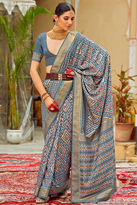Sitara Grey Tussar Silk Patola Print Ready To Wear One Minute Saree