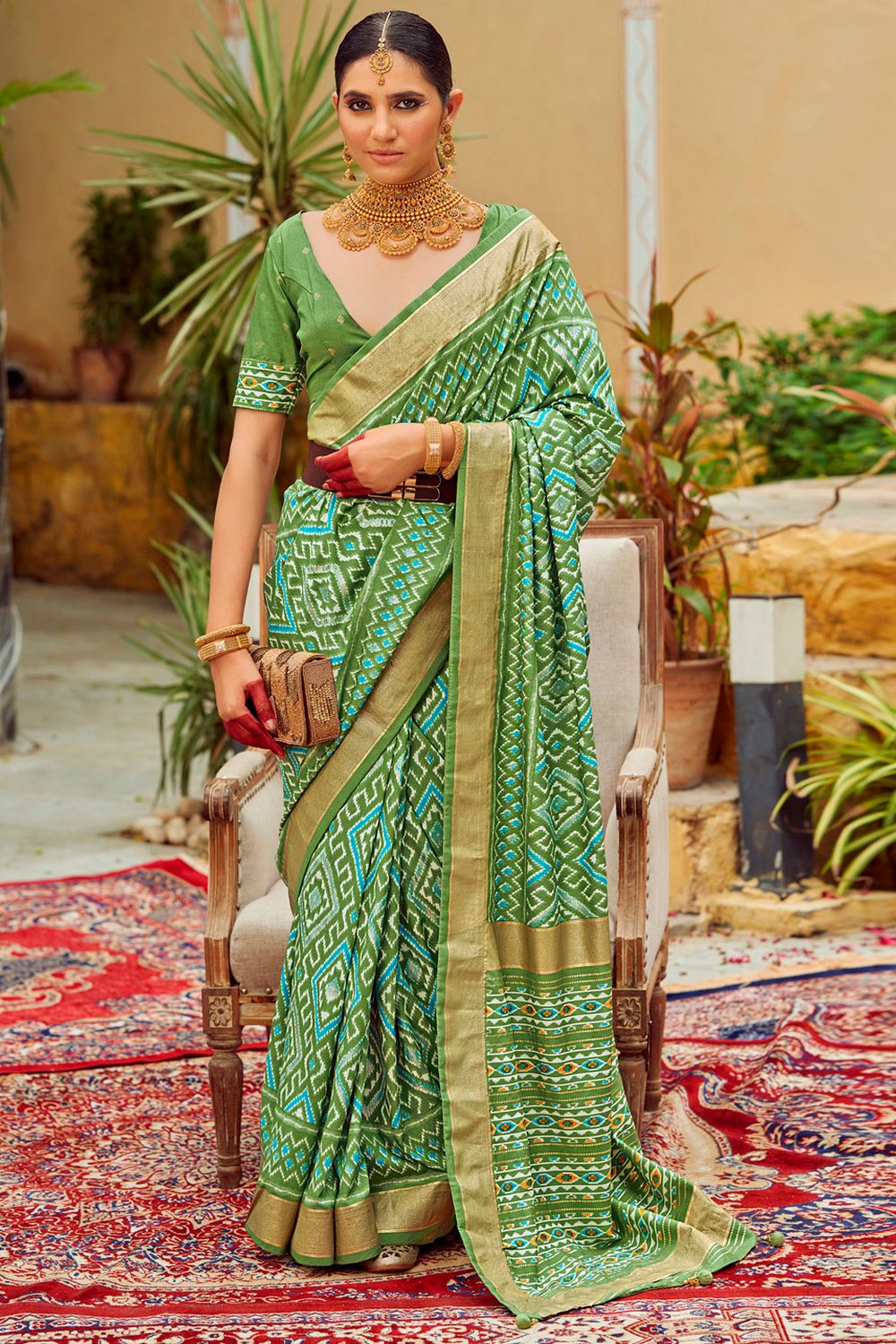 Sitara Light Green Tussar Silk Patola Print Ready To Wear One Minute Saree