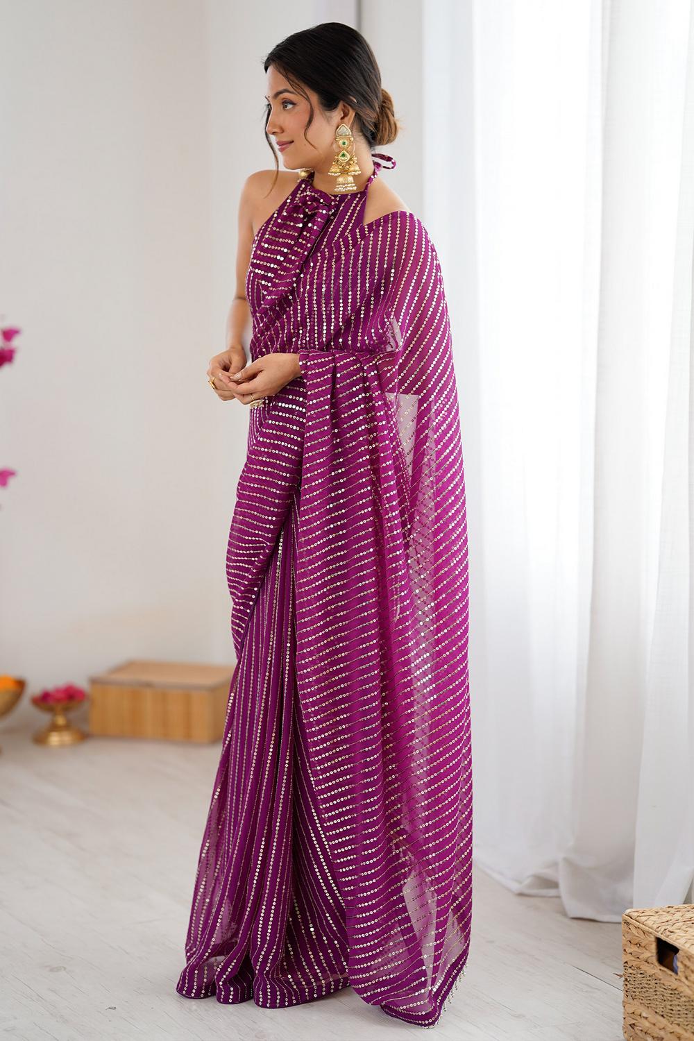 Ava Purple Georgette Embellished Striped Party Wear Ready to Wear Saree