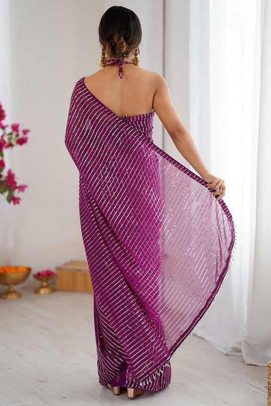 Ava Purple Georgette Embellished Striped Party Wear Ready to Wear Saree