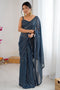 Ava Teal Blue Georgette Embellished Striped Party Wear Ready to Wear Saree