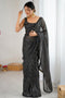 Ava Black Georgette Embellished Striped Party Wear Ready to Wear Saree