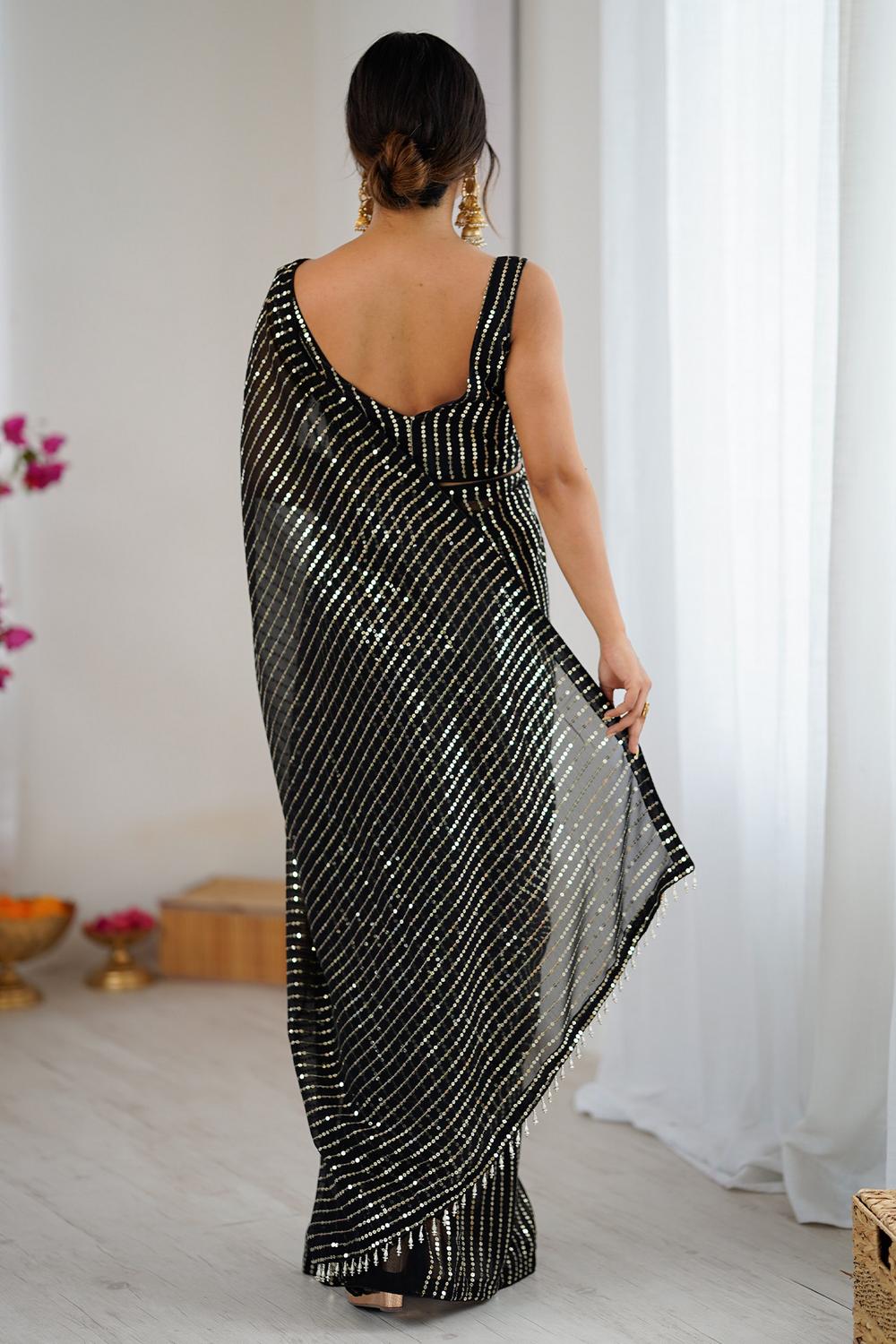 Ava Black Georgette Embellished Striped Party Wear Ready to Wear Saree