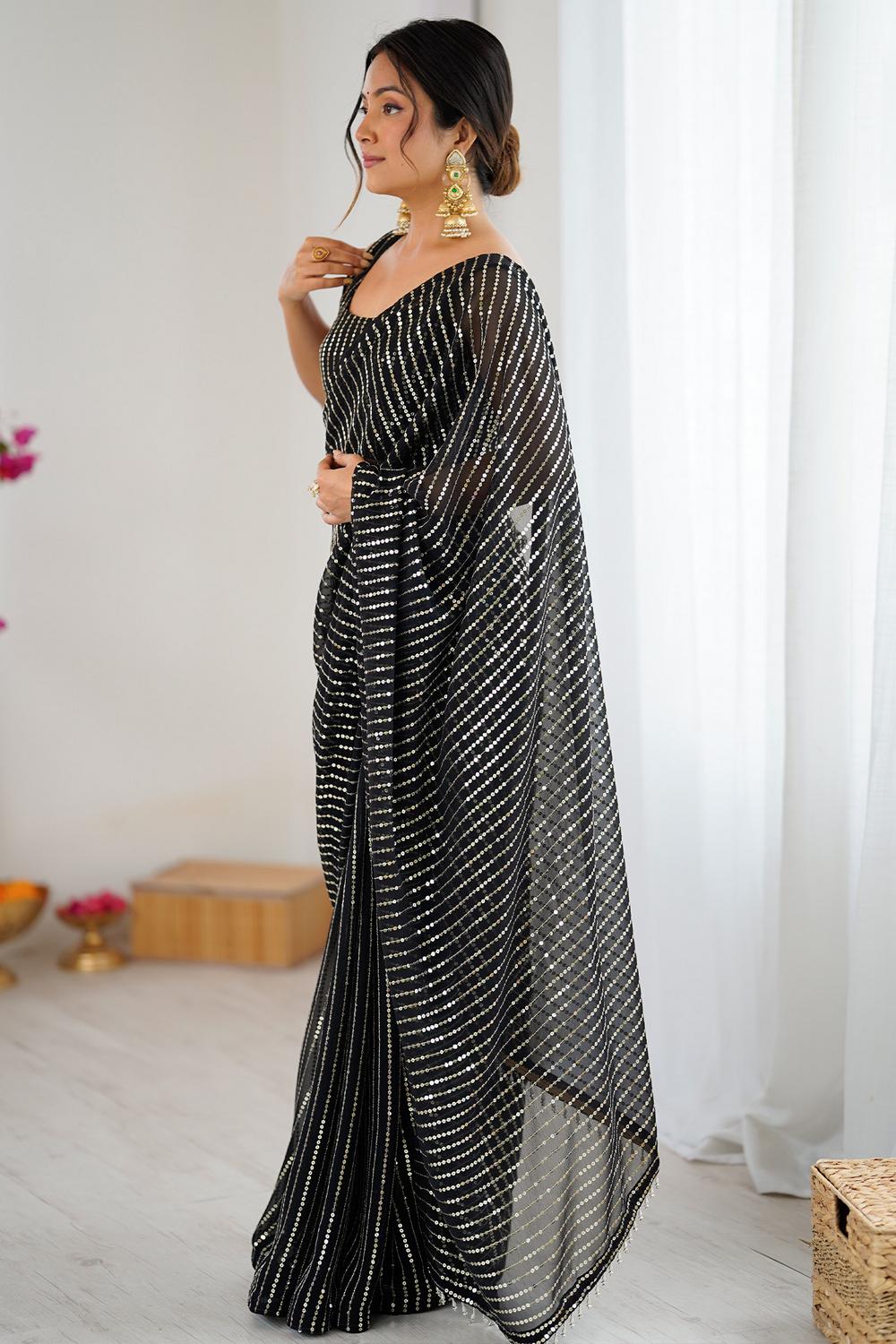 Ava Black Georgette Embellished Striped Party Wear Ready to Wear Saree