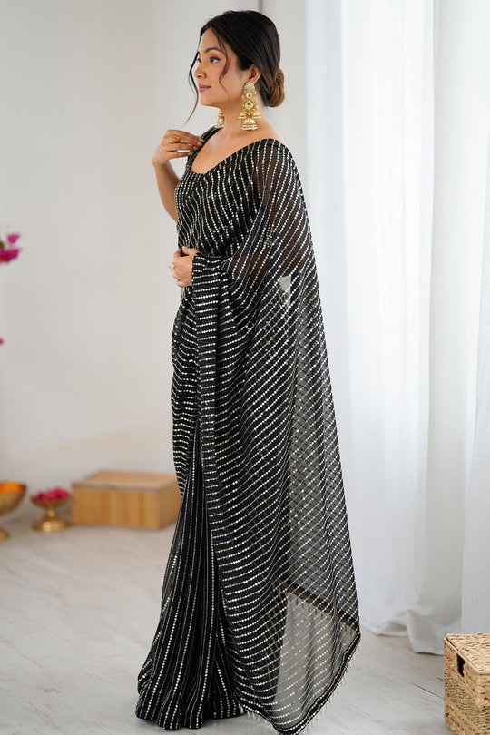 Ava Black Georgette Embellished Striped Party Wear Ready to Wear Saree