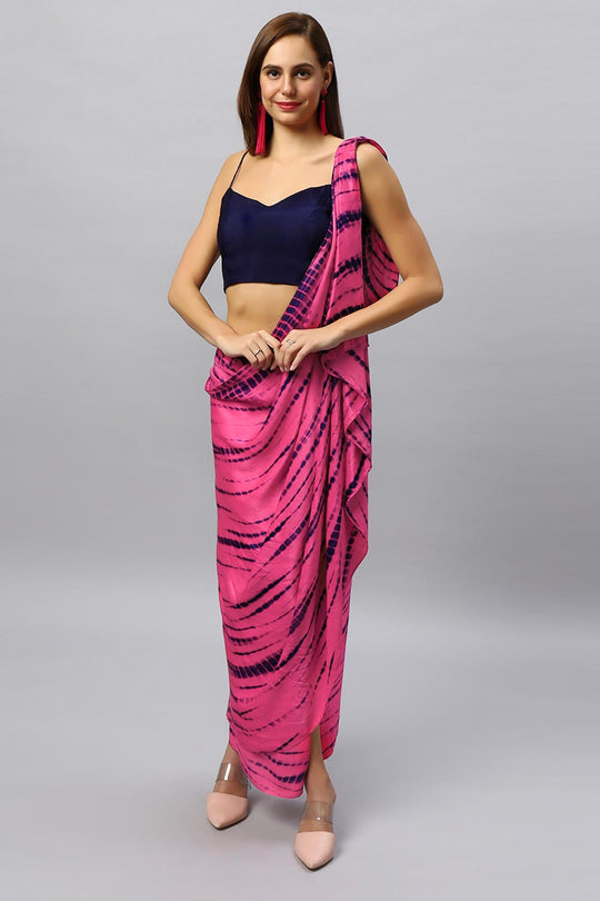 Skye Navy & Pink Shibori Print Modal Satin Sarong Saree