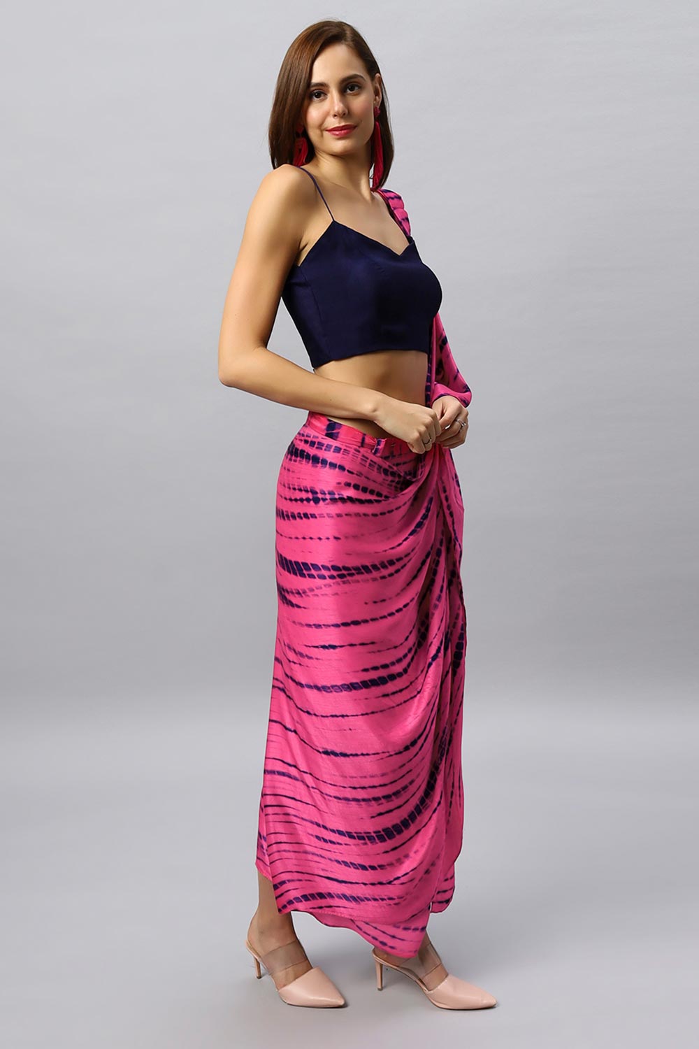 Skye Navy & Pink Shibori Print Modal Satin Sarong Saree