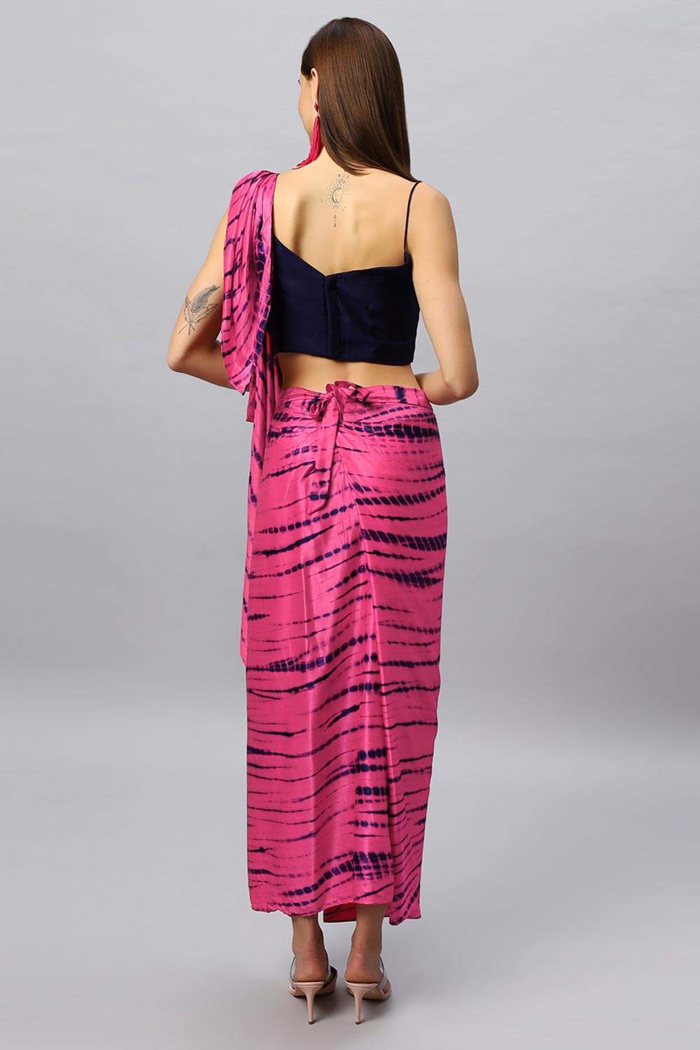 Skye Navy & Pink Shibori Print Modal Satin Sarong Saree