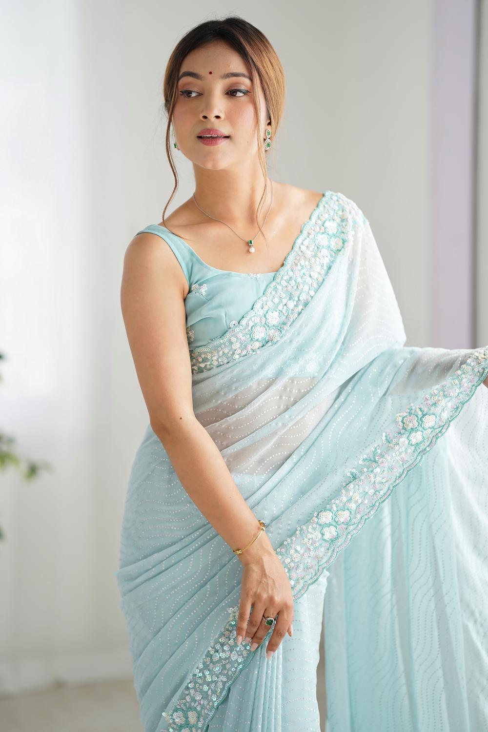 Isaha Light Blue Georgette Saree with Sequins Embellished Border Ready to Wear One Minute Saree