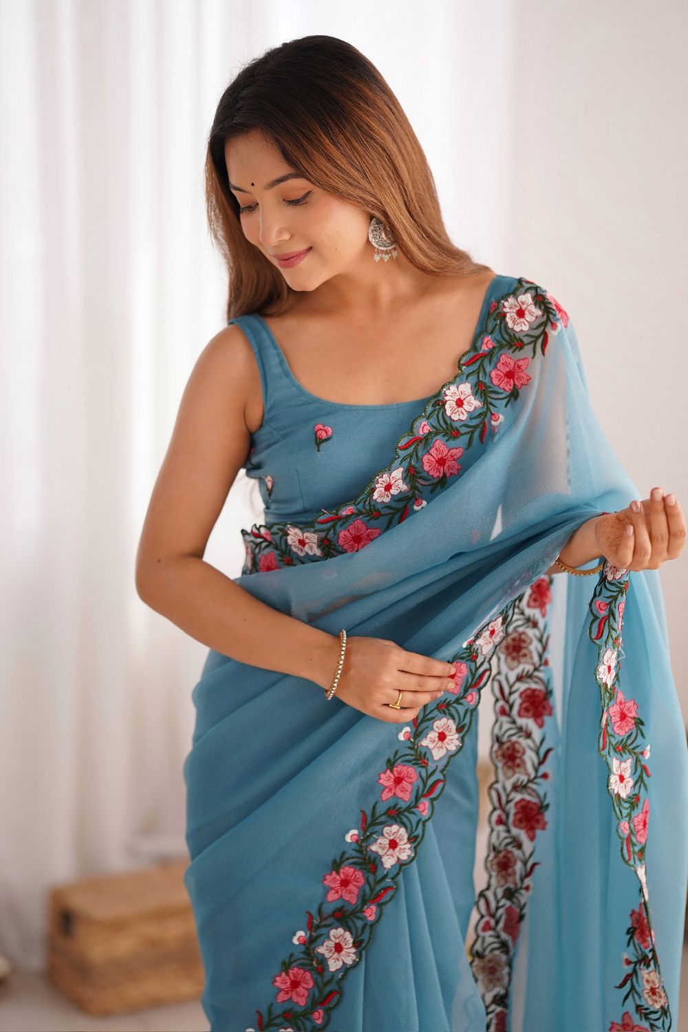 Lena Sky Blue Tissue Saree with Floral Embroidered Border Ready to Wear One Minute Saree