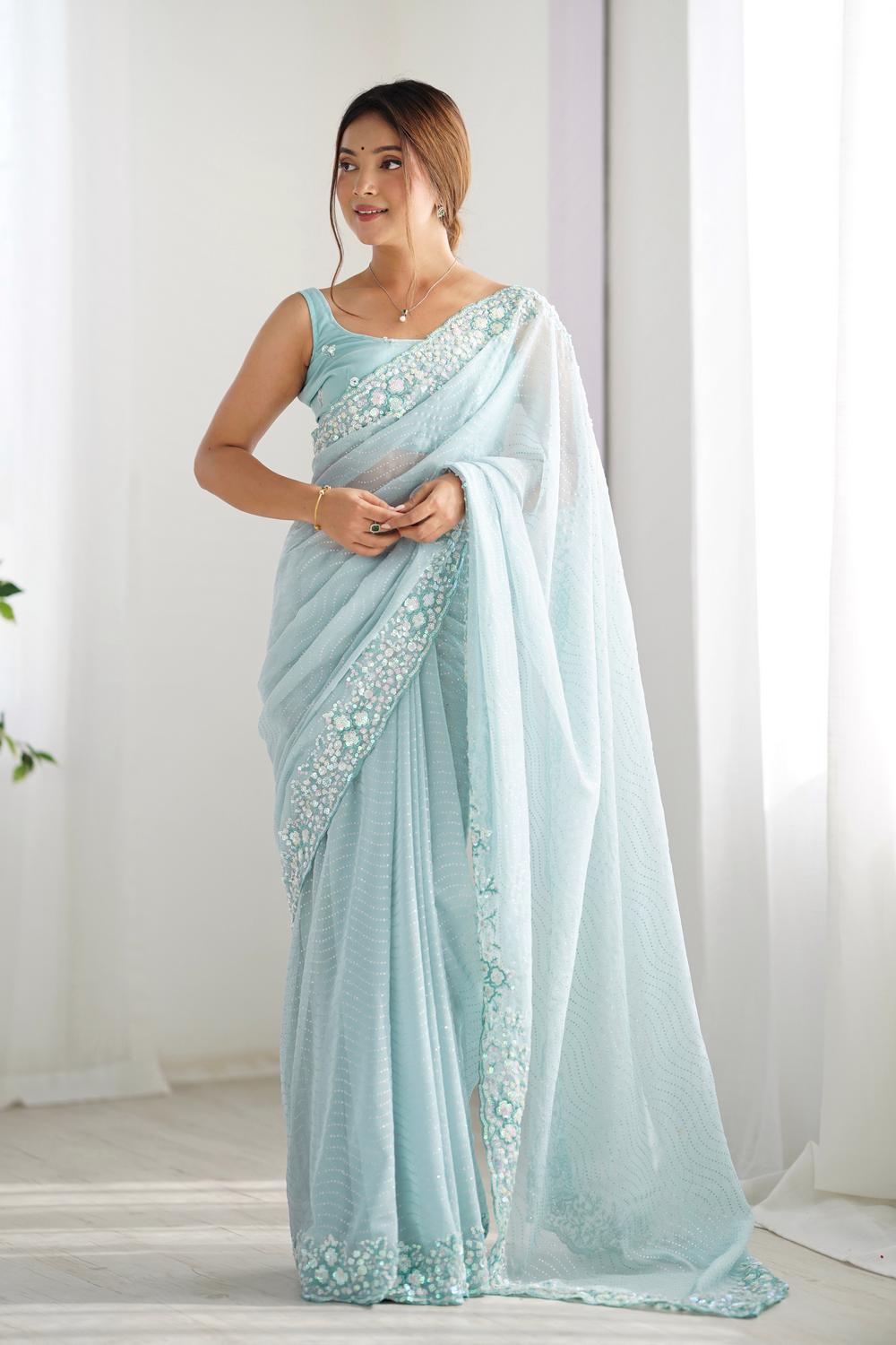 Isaha Light Blue Georgette Saree with Sequins Embellished Border Ready to Wear One Minute Saree