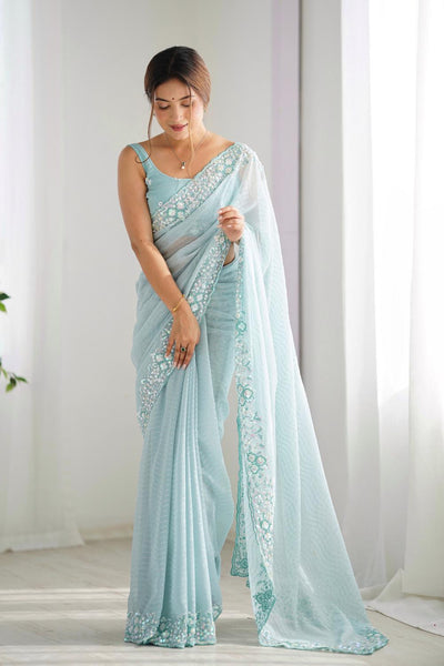 Isaha Light Blue Georgette Saree with Sequins Embellished Border Ready to Wear One Minute Saree