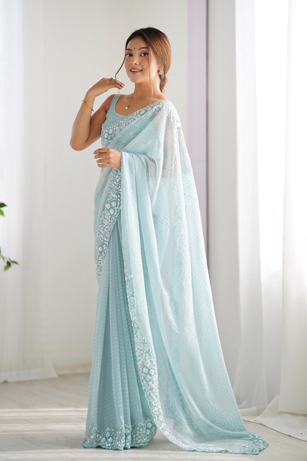 Isaha Light Blue Georgette Saree with Sequins Embellished Border Ready to Wear One Minute Saree