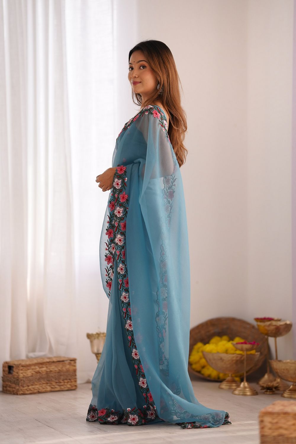 Lena Sky Blue Tissue Saree with Floral Embroidered Border Ready to Wear One Minute Saree