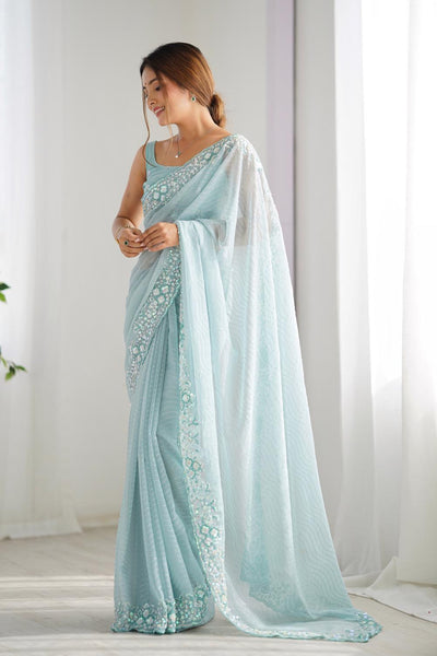 Isaha Light Blue Georgette Saree with Sequins Embellished Border Ready to Wear One Minute Saree