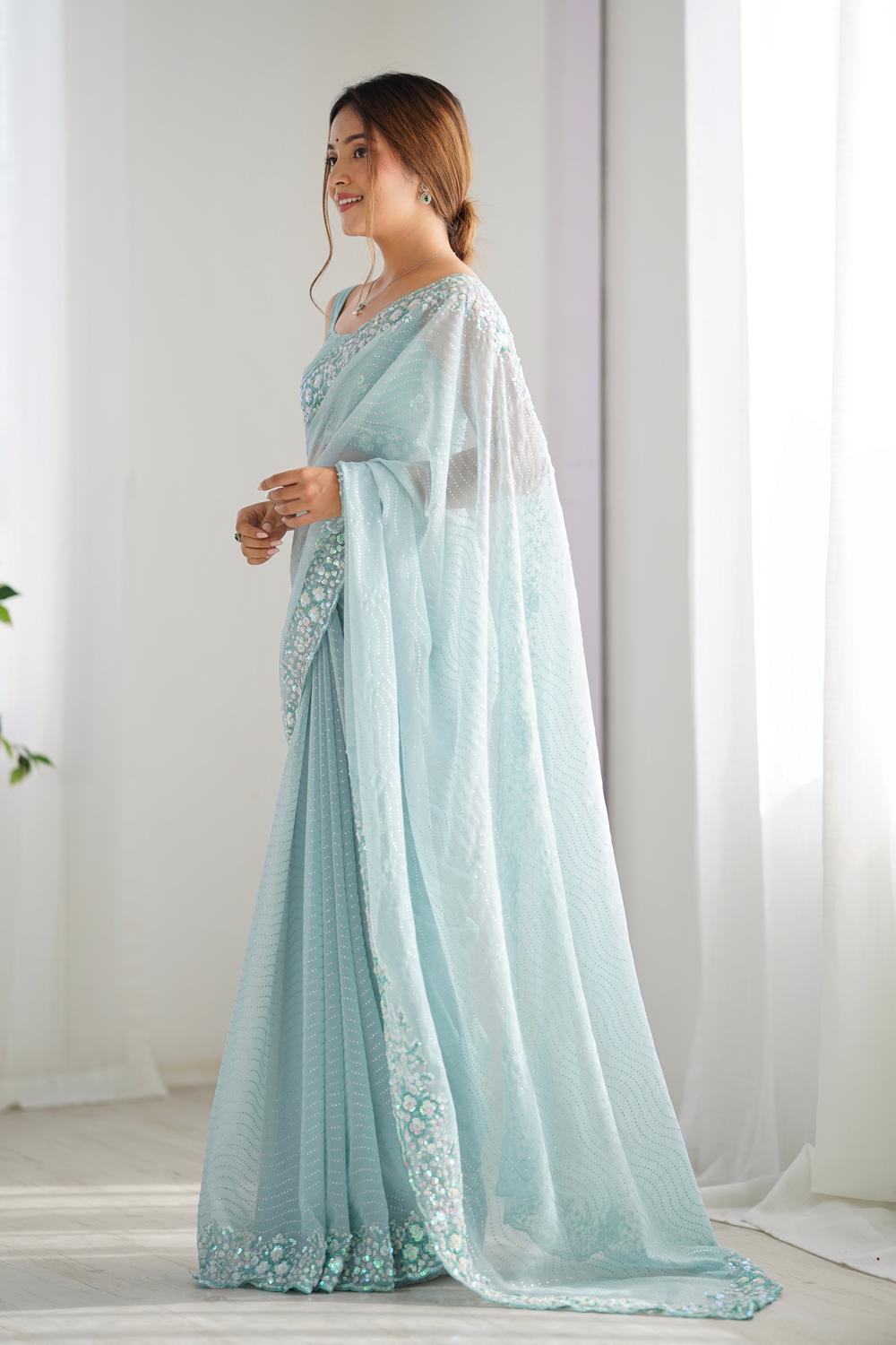 Isaha Light Blue Georgette Saree with Sequins Embellished Border Ready to Wear One Minute Saree
