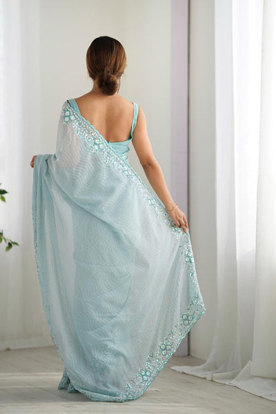 Isaha Light Blue Georgette Saree with Sequins Embellished Border Ready to Wear One Minute Saree