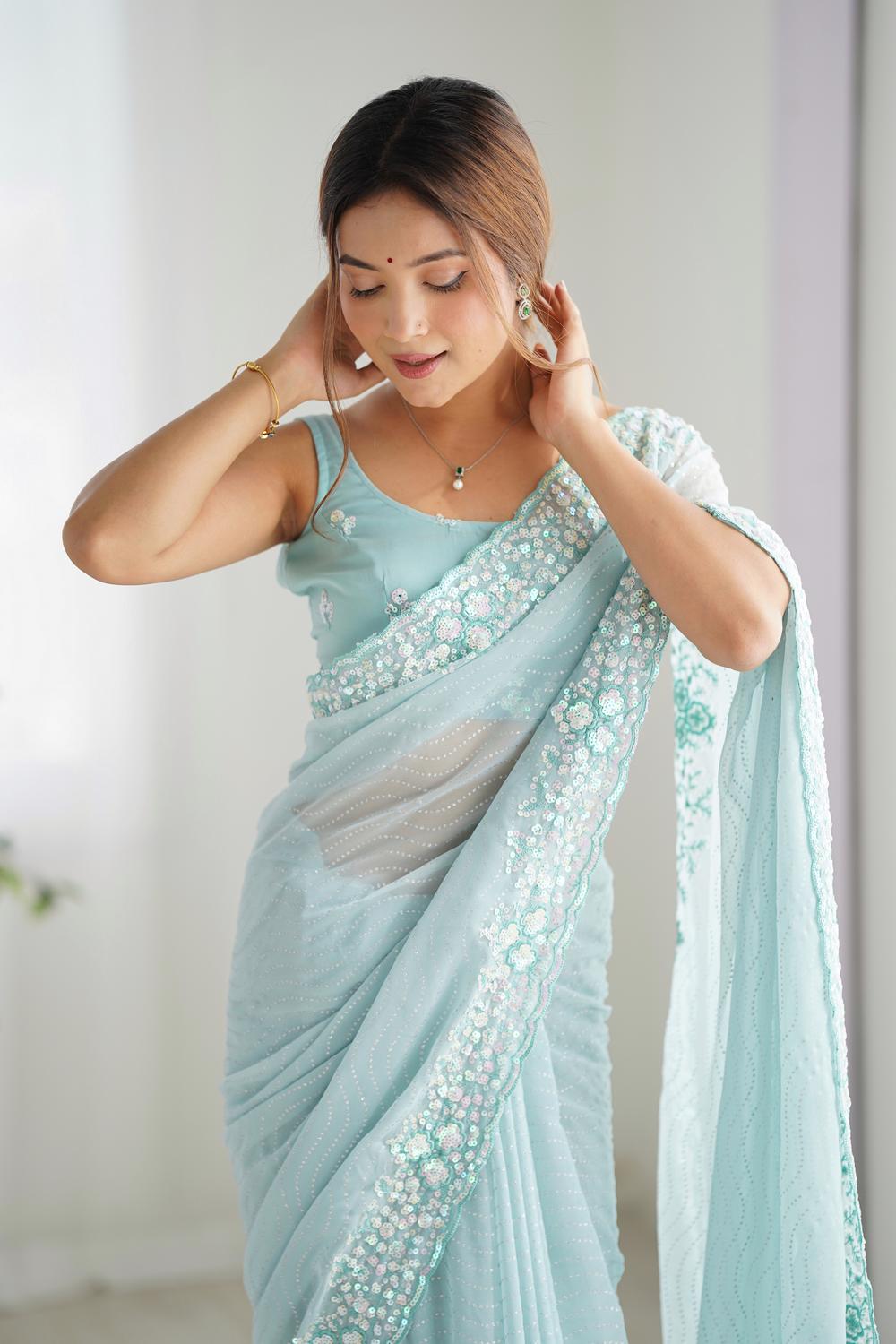 Isaha Light Blue Georgette Saree with Sequins Embellished Border Ready to Wear One Minute Saree