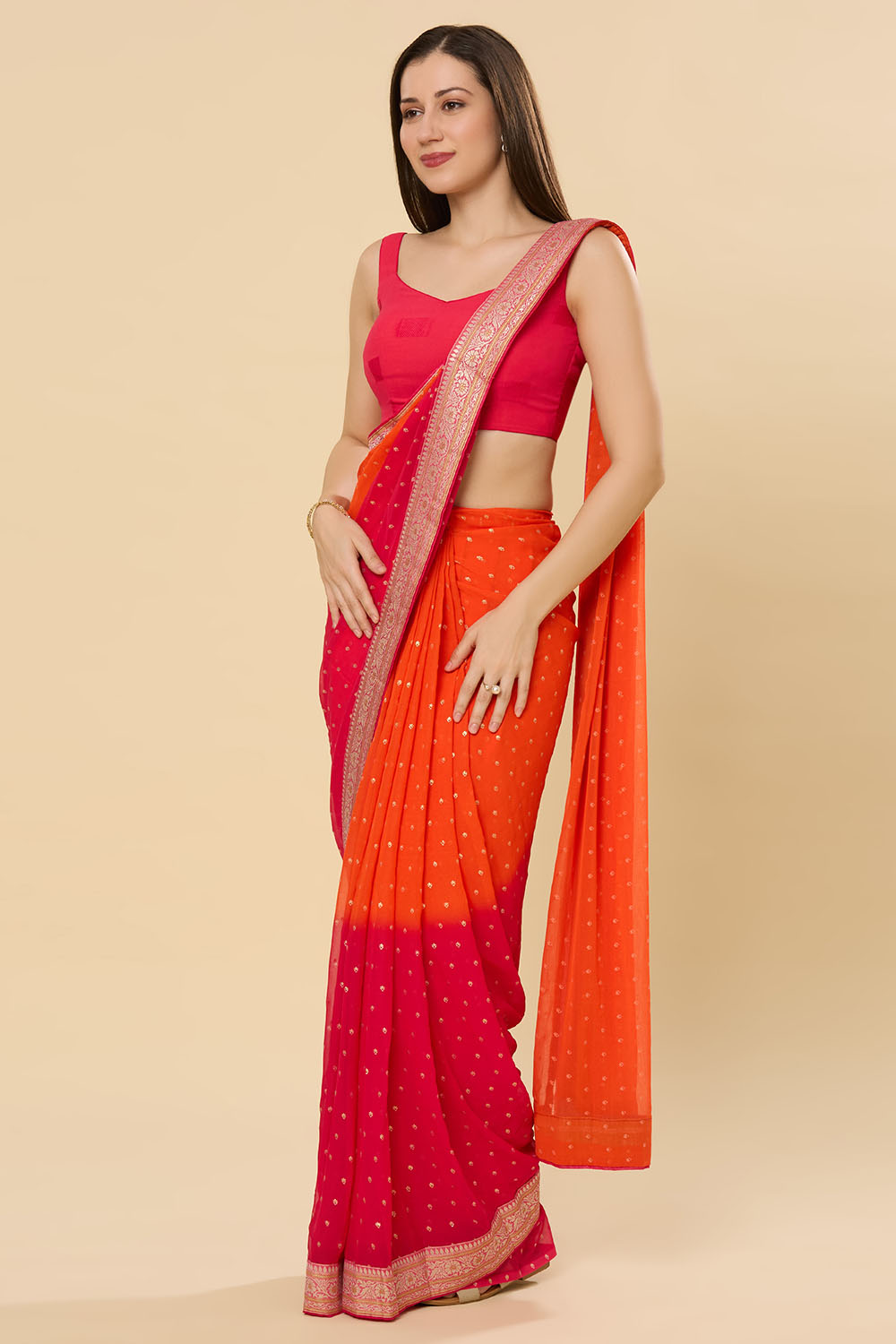 Celia Orange & Pink Printed Georgette Ready to Wear Saree
