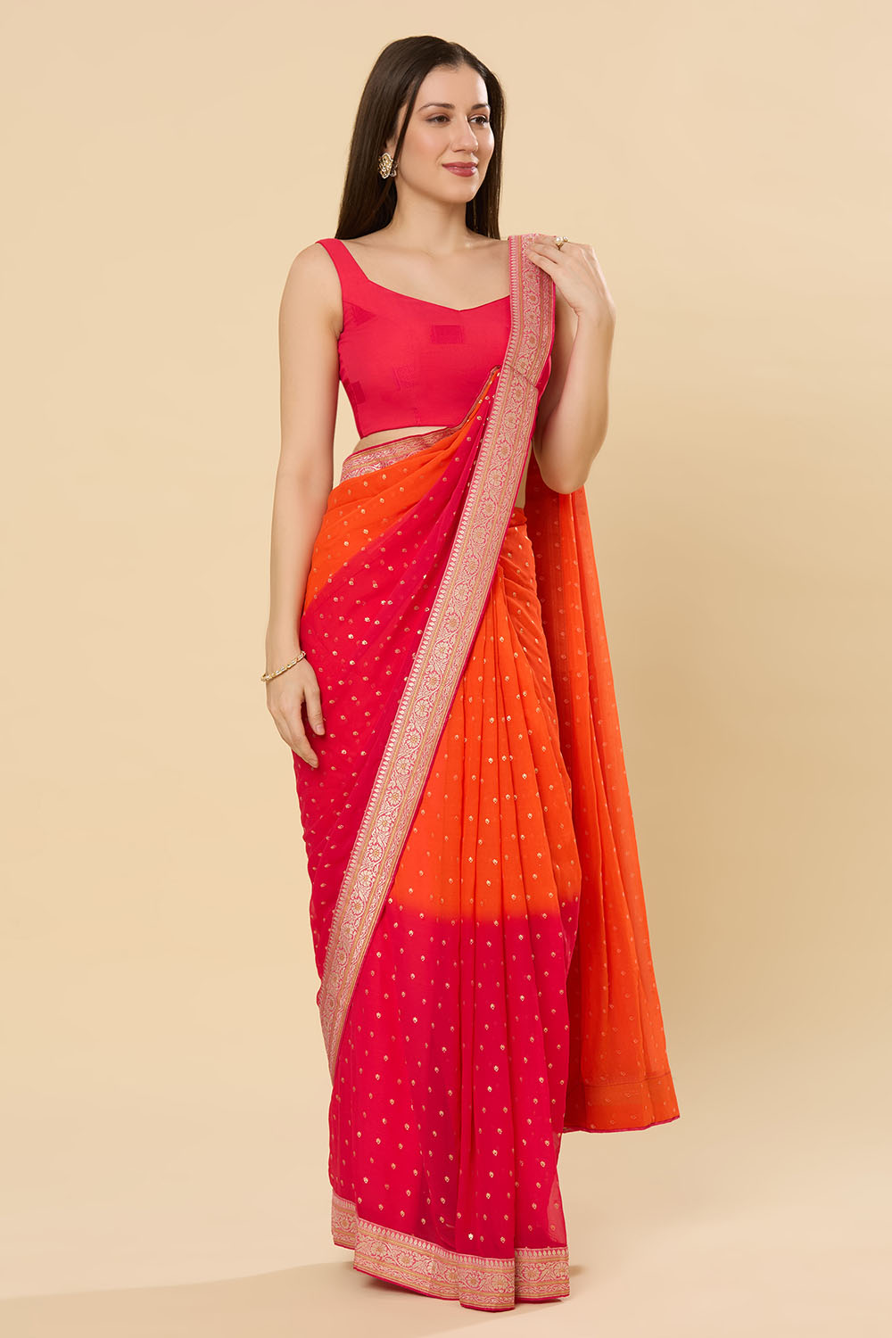 Celia Orange & Pink Printed Georgette Ready to Wear Saree