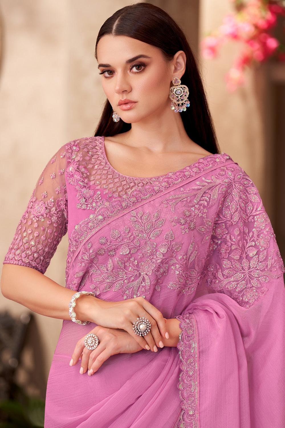 Hope Pink Chiffon Embellished Ready to Wear Saree