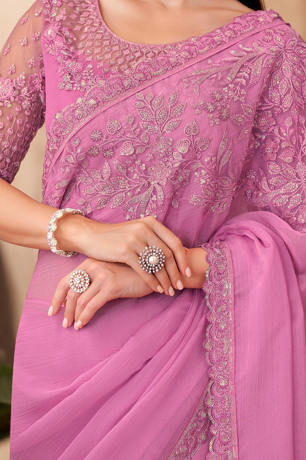 Hope Pink Chiffon Embellished Ready to Wear Saree