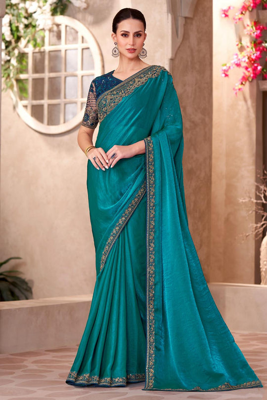 Hope Teal Green Georgette Embellished Border Ready to Wear Saree