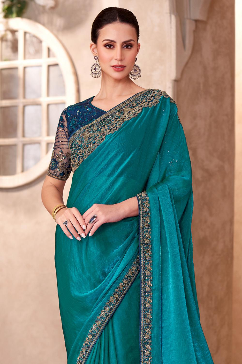Hope Teal Green Georgette Embellished Border Ready to Wear Saree