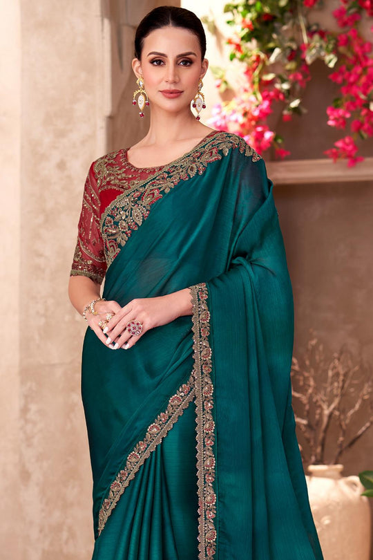 Hope Teal Green Chiffon Zari Designer Border Ready to Wear Saree