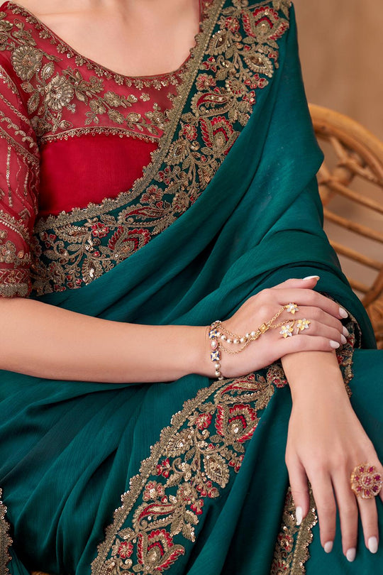 Hope Teal Green Chiffon Zari Designer Border Ready to Wear Saree