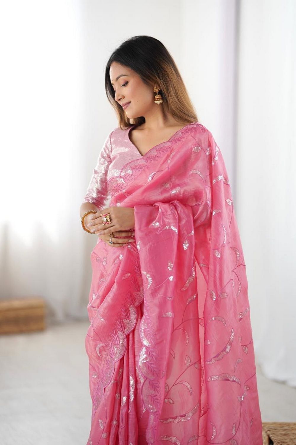 Myra Pink Silk Blend Embroidered Ready to Wear Saree