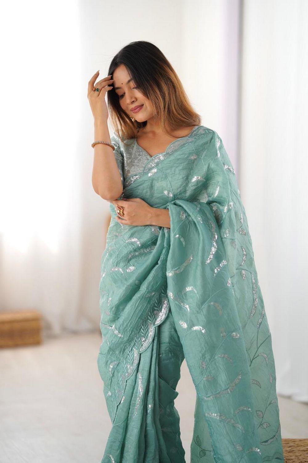 Myra Mint Green Silk Blend Embroidered Ready to Wear Saree