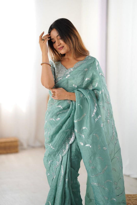 Myra Mint Green Silk Blend Embroidered Ready to Wear Saree