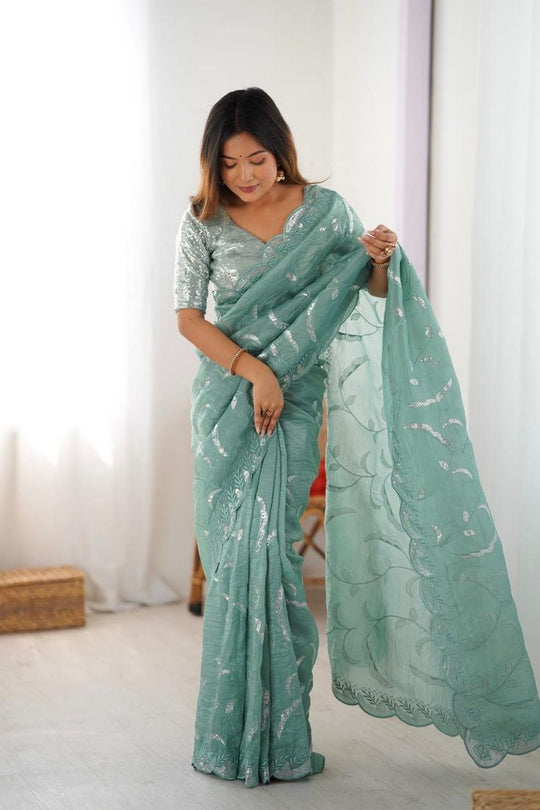 Myra Mint Green Silk Blend Embroidered Ready to Wear Saree