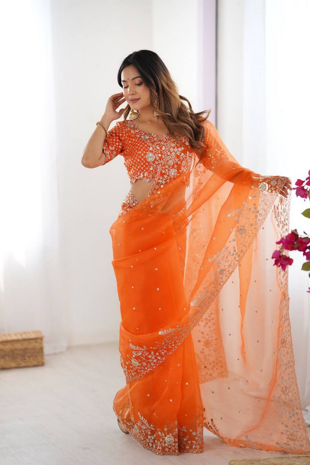 Tanya Orange Organza Silk Floral Embroidered Ready to Wear Saree